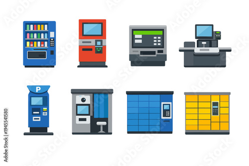 Collection of modern self-service machines and kiosks for various transactions