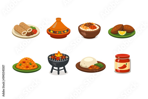 Collection of diverse international cuisine dishes and ingredients presented in a flat isometric style