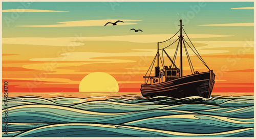 Vintage Fishing Boat Sailing on Wavy Ocean at Sunset with Seagulls