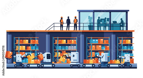 Flat 2D illustration of a warehouse interior with workers and robots handling boxes and packages on conveyor belts and shelves, showcasing automation replacing traditional jobs in a modern