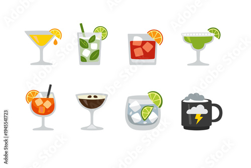 Collection of eight diverse and colorful alcoholic and non-alcoholic beverages in glasses