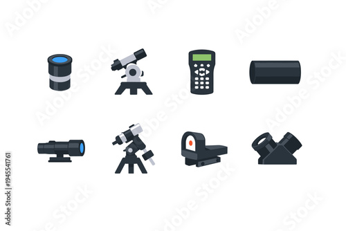 Collection of astronomical and optical devices icons for science and exploration themes
