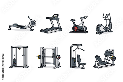 Collection of modern gym equipment for a full body workout, illustrated in a clean style