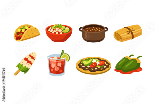 Collection of popular Mexican food and drink items in a flat illustration style