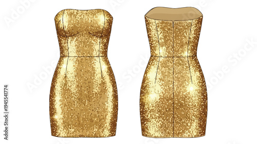 Glamorous gold sequin strapless mini dress fashion illustration front and back views for dazzling party wear