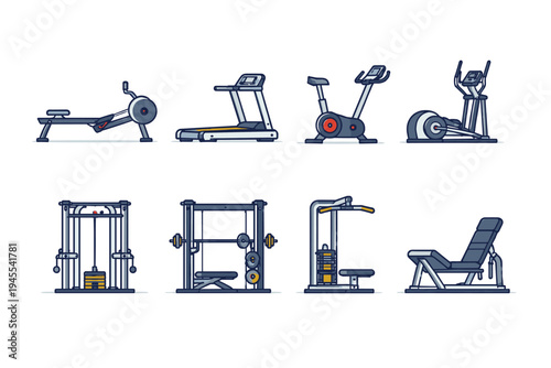 Collection of modern exercise machines for a gym, depicted in a clean, flat vector style