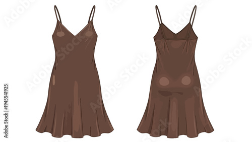 Elegant chocolate-hued spaghetti strap midi dress, showcasing a fluid silhouette from both front and rear perspectives