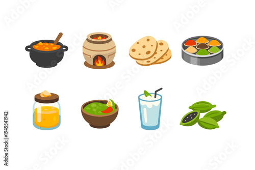 Collection of Indian food and drink icons, including curry, tandoor, naan, spices, and lassi