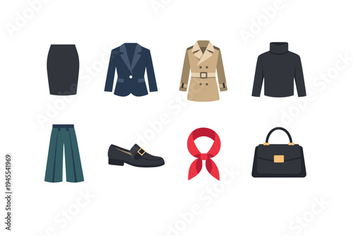 Collection of elegant women's clothing and accessories for a professional wardrobe