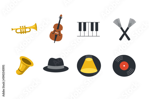Collection of jazz music instruments and symbols, flat design icons