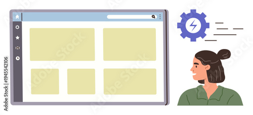 Technology, workflow, user interface, online activity, productivity, digital transformation. A woman looking at a browser page and gear icon. Technology and workflow concepts
