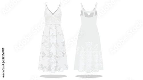 Detailed front and back views of a pristine white sleeveless maxi dress showcasing intricate lace floral patterns and an elegant V-neck design