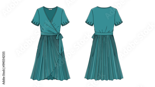Technical fashion illustration of an elegant teal wrap dress featuring a V-neckline, short sleeves, and a gracefully flowing pleated midi skirt