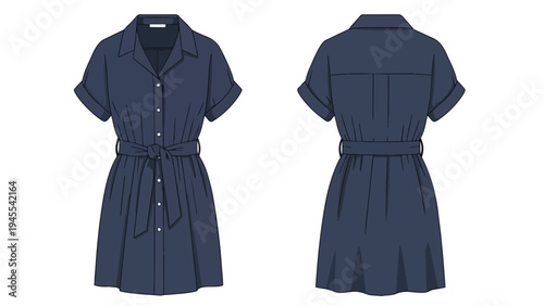 Elegant navy blue women's short-sleeve shirt dress technical flat, front and back views, featuring a stylish belt and collar. Perfect for fashion
