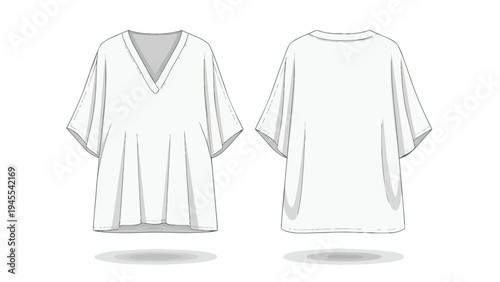 Technical flat sketch illustration of a loose-fitting V-neck top with wide short sleeves and front pleats apparel design template