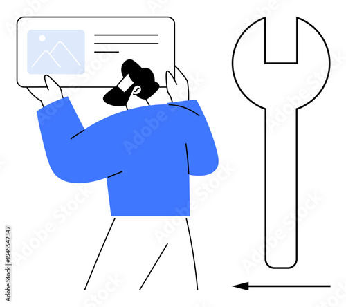 Identity management. A figure holding an ID card next to a large wrench icon, identity management, verification, and maintenance. Perfect for tech, security, workflow concepts, data systems and user