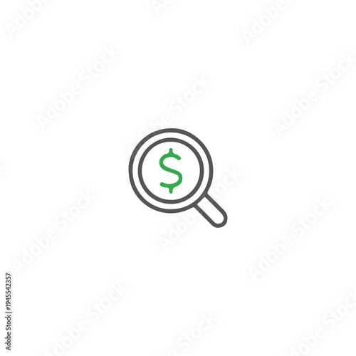 Money search icon with magnifying glass. Financial analysis and investment research concept