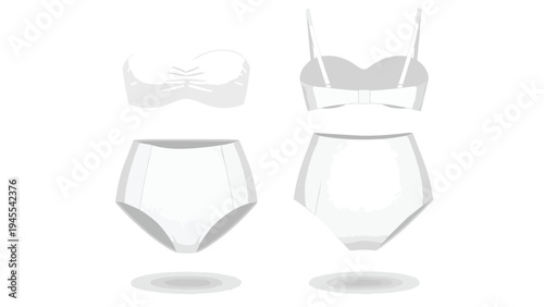Modern white two-piece swimwear collection featuring diverse high-waisted bikini designs, perfect for fashion illustration and summer apparel