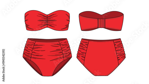 Vibrant red strapless bandeau bikini top and high-waisted ruched bottoms technical drawing, showcasing front and rear views. Perfect for swimwear