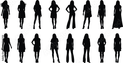 Women silhouette collection set, female standing walking fashion poses vector illustration isolated characters design bundle