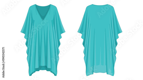 Elegant flowing turquoise kaftan dress showcasing front and back views comfortable beachwear fashion