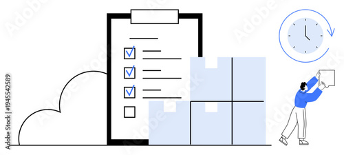 Logistics theme. Logistics process showing checklist, packages, and time tracking for delivery optimization. Logistics solutions for shipment, inventory, supply chain, courier services, and time