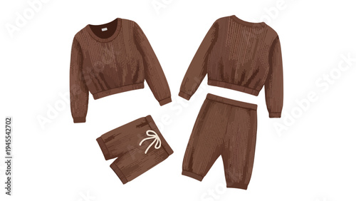 Relaxed brown ribbed knit loungewear ensemble showcasing a soft long-sleeved pullover and matching comfortable elastic waist pants for ultimate