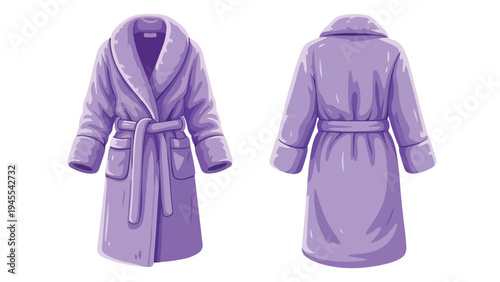 A luxurious violet bathrobe illustration, showing both its inviting front and practical reverse side, an essential item for serene comfort and