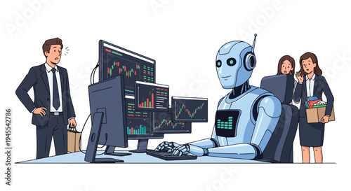 Flat 2D illustration of a robot working on computer screens with a businessman and two businesswomen standing nearby, conveying a concept related to AI and unemployment in a modern office setting.