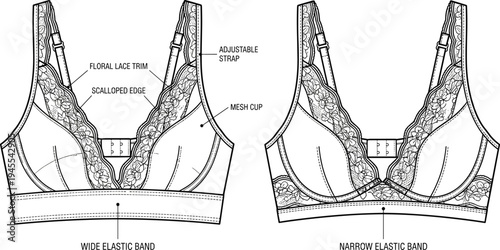Women lace bra technical fashion drawing set, lingerie design with adjustable straps mesh cups floral trim vector apparel illustration