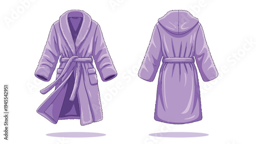 Soft amethyst hooded bathrobe, vector rendered, exhibiting front and back perspectives. Perfect for cozy relaxation, post-bath comfort, or tranquil