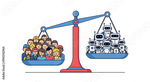 Flat 2D illustration of a scale balancing people on one side and robots on the other, symbolizing AI and automation replacing jobs concept.