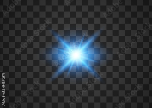 Blue starburst with lens flare and glowing rays on with blue light with new year