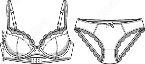 Women lace lingerie set technical fashion illustration, bra and panties underwear design vector apparel drawing isolated on white background