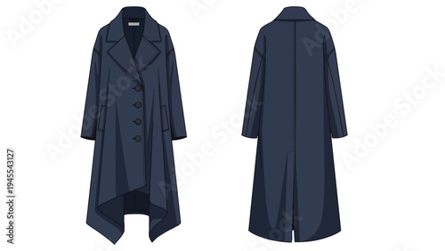 Stylish dark blue asymmetric hem coat elegant front and back view minimalist design for winter fashion apparel outerwear vector graphic isolated on