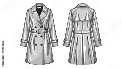 Fashion technical drawing of a belted trench coat displaying detailed front and back views perfect for apparel design pattern making and style