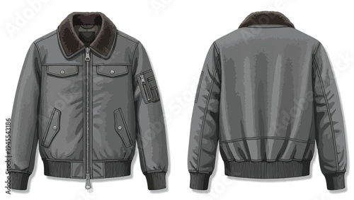 Expertly rendered detailed vector illustration of a versatile men's grey bomber jacket, complete with a luxurious fur collar, functional front