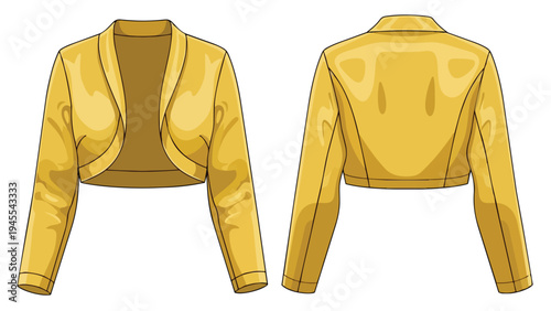 Vibrant golden cropped bolero jacket stylish vector illustration showcasing both front and rear perspectives a perfect adaptable fashion accessory