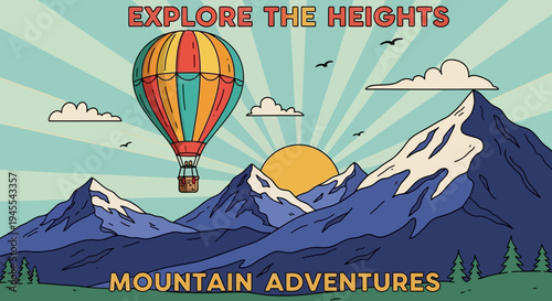 Vintage Hot Air Balloon Adventure Over Majestic Mountains at Sunrise