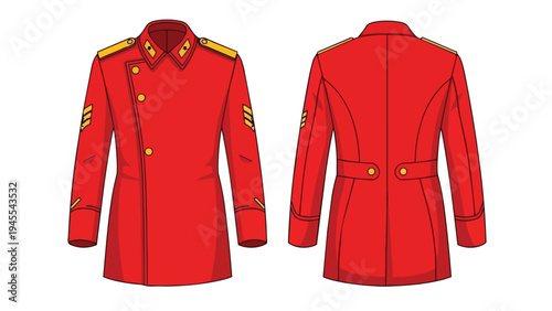 Detailed illustration of a vibrant red ceremonial uniform jacket showcasing front and back views with gold accents epaulets and sleeve insignia a