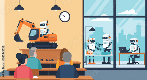 Flat 2D illustration of people attending a training session with a concept of AI and unemployment, featuring robots and heavy machinery in a modern indoor setting.
