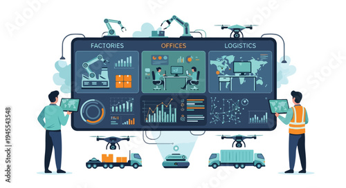 Flat 2D illustration of two workers interacting with a large screen displaying AI and automation concept graphics, including factories, offices, and logistics, with a futuristic industrial