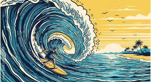 Surfer Riding Giant Wave, Tropical Beach Sunset, Extreme Water Sports