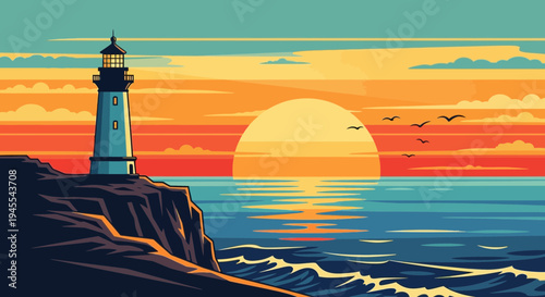 Lighthouse on cliff at sunset, ocean waves, seagulls flying, vibrant sky reflection
