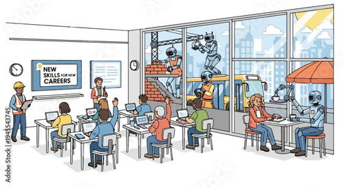 A flat 2D illustration of people in a classroom with a New Careers sign and a robot, depicting a concept related to AI and unemployment in a modern educational setting.