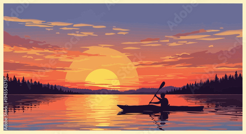 Pixel Art Kayaker Paddling on Lake at Sunset with Vibrant Orange Sky