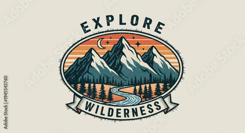Explore Wilderness Vintage Badge: Mountains, River, Forest, Moon, Stars