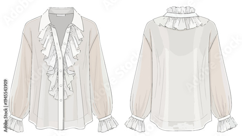 Elegant ruffled blouse design technical sketch featuring front and back views with voluminous long sleeves and delicate cuff details, ideal for
