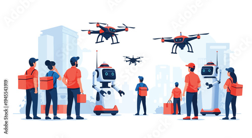 Flat 2D illustration of workers in orange vests interacting with robots and drones in an industrial setting with a concept of automation replacing traditional jobs.