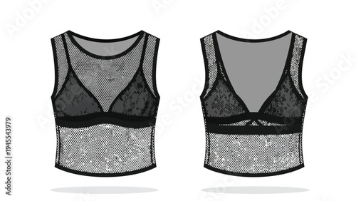 Elegant black mesh crop top featuring a sophisticated integrated bralette design perfect for contemporary fashion and apparel illustrations vector